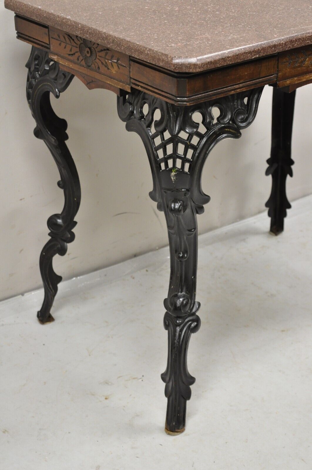 Antique Eastlake Victorian Marble Top Walnut Table with Cast Iron Legs