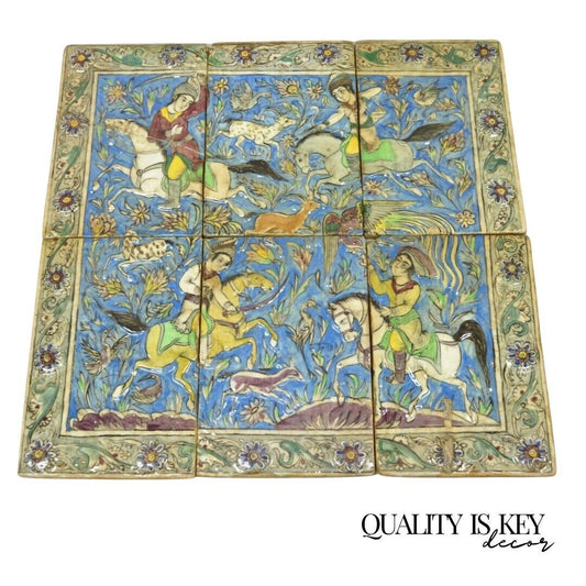 Antique Persian Iznik Qajar Style Ceramic Pottery Tile Mosaic Hunt Scene 6 Pc C7