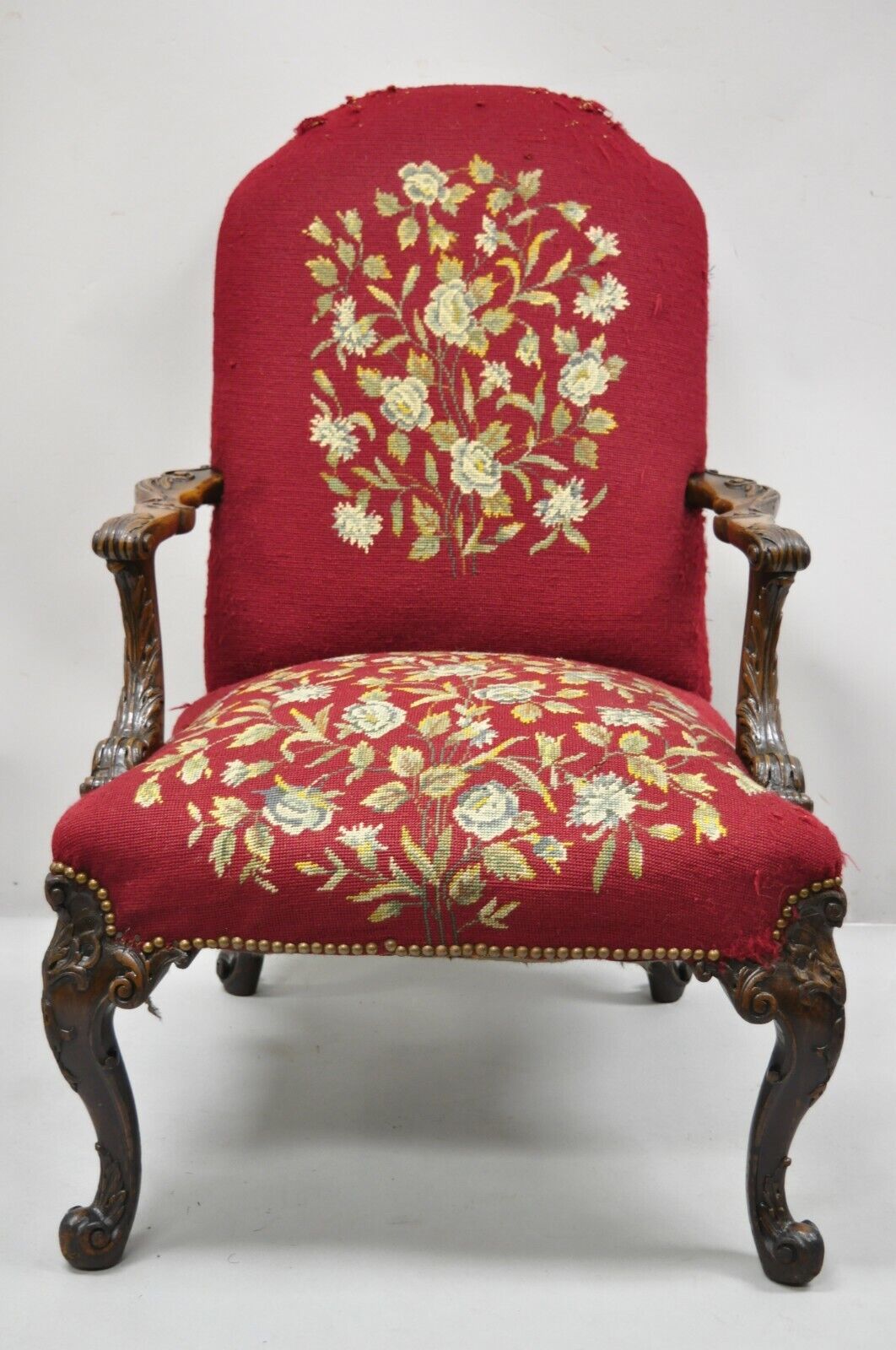 Antique Georgian Floral Needlepoint Carved Mahogany Fireside Lounge Arm Chair