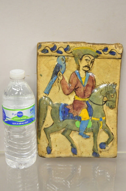 Antique Persian Iznik Qajar Style Ceramic Pottery Tile Horse Rider Blue Bird C5