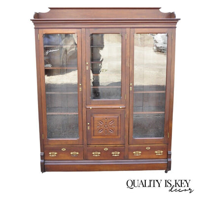 Antique Eastlake Victorian Walnut Wavy Glass Triple Bookcase Display Cabinet