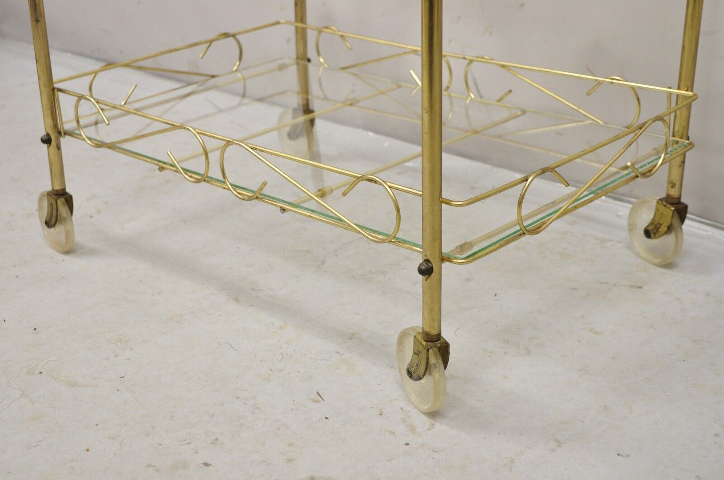 Vintage Mid Century Modern Gold Metal 2 Tier Rolling Bar Tea Cart Server