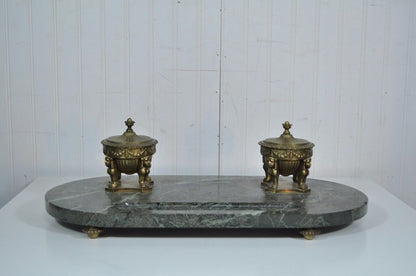 Antique French Empire Styl Figural Bronze Green Marble Double Inkwell Neoclassic