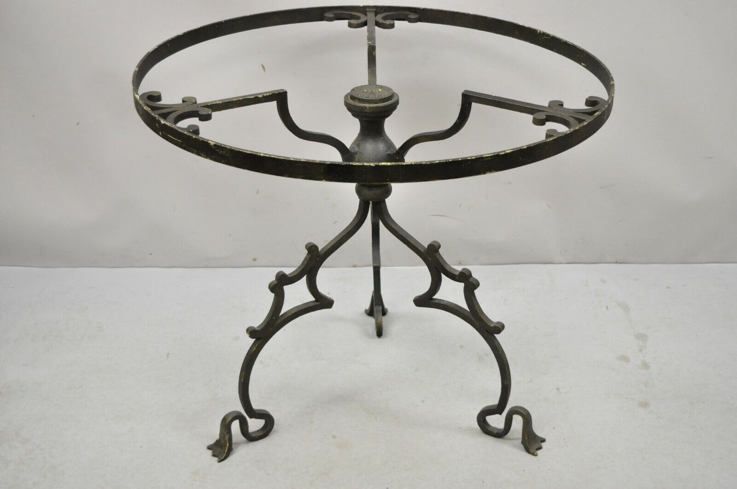 Wrought Iron Gothic Style Scrolling Base Round Glass Top Center Table