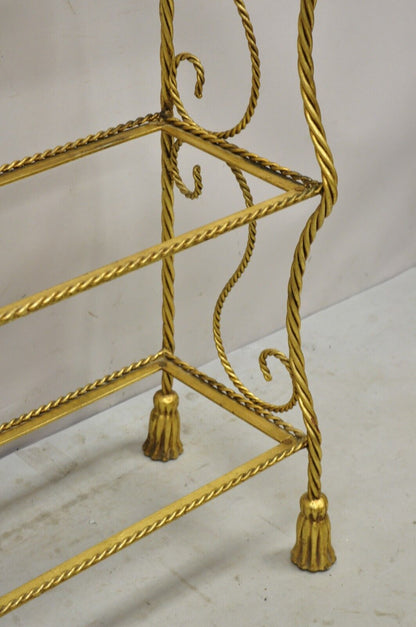 Italian Hollywood Regency Gold Gilt Iron 5 Tier Rope Tassel Etagere Shelf Stand