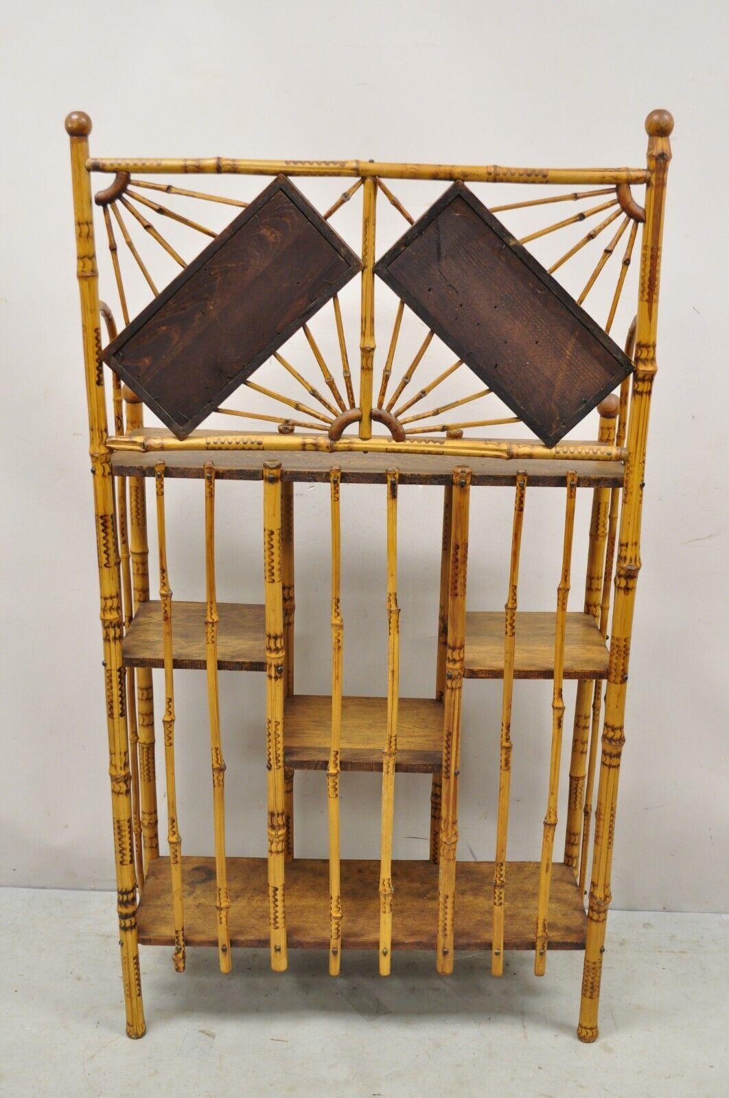 19th C English Victorian Bamboo Stick and Ball Curio Shelf Etagere w/ Mirror