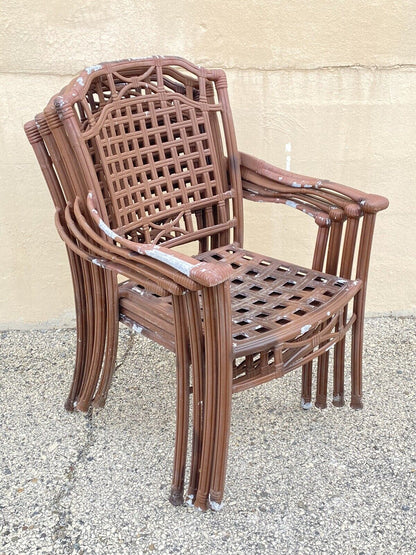 Cast Aluminum Basket Weave Lattice Rattan Patio Outdoor Arm Chairs - Set of 4