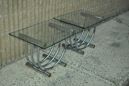 Vintage Mid Century Modern Chrome Brass Glass End Tables Romeo Rega Style a Pair