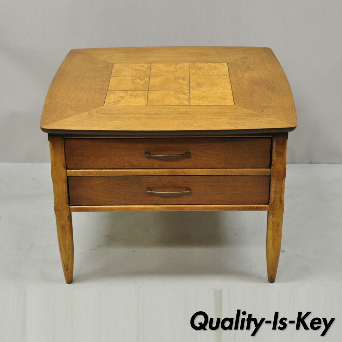 Lane Mid Century Modern Walnut 2 Drawer Lamp End Table with Burlwood Inlay Top