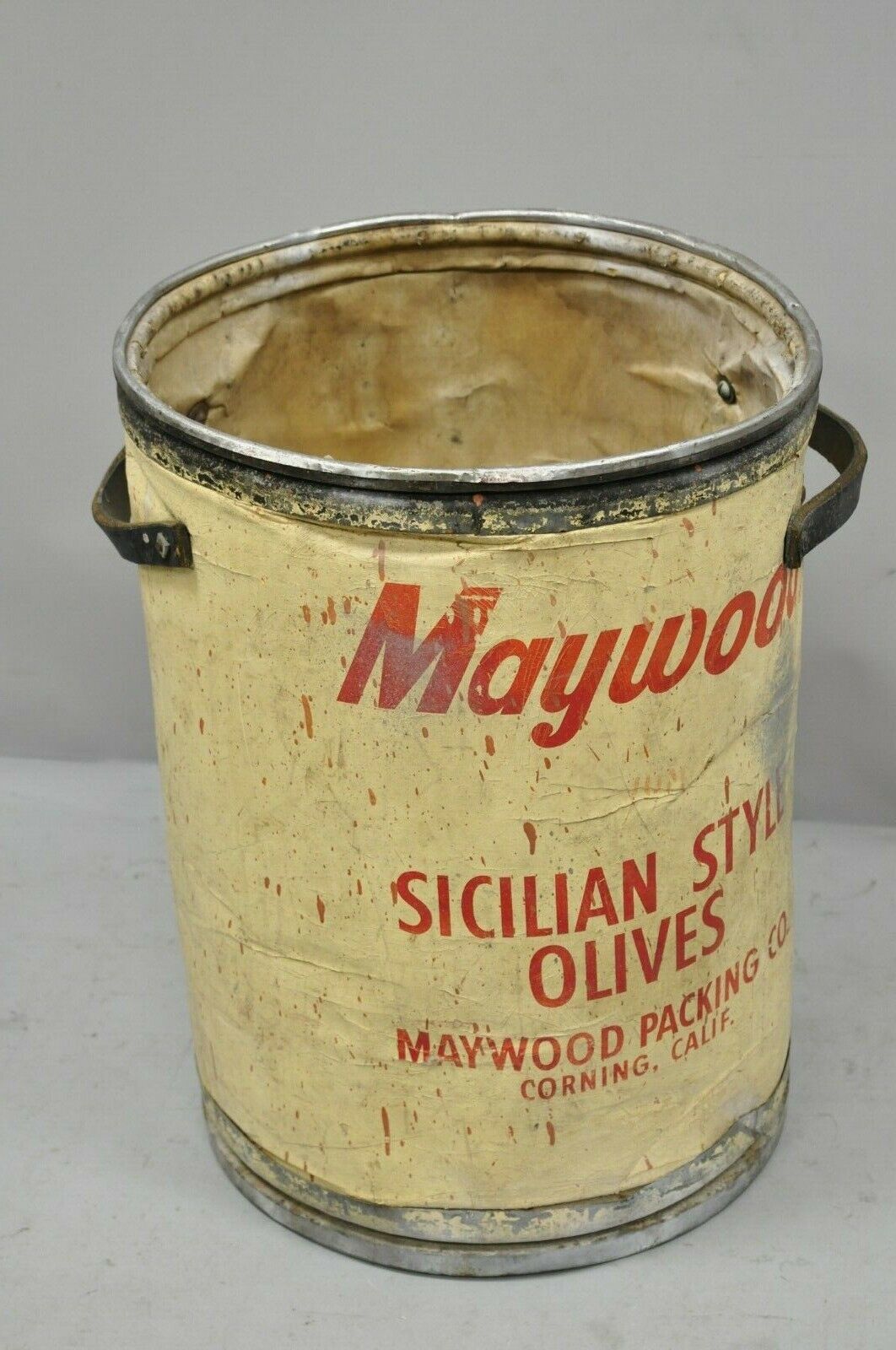 Antique Maywood Packaging Sicilian Olives Large 22" Packaging Drum Advertising