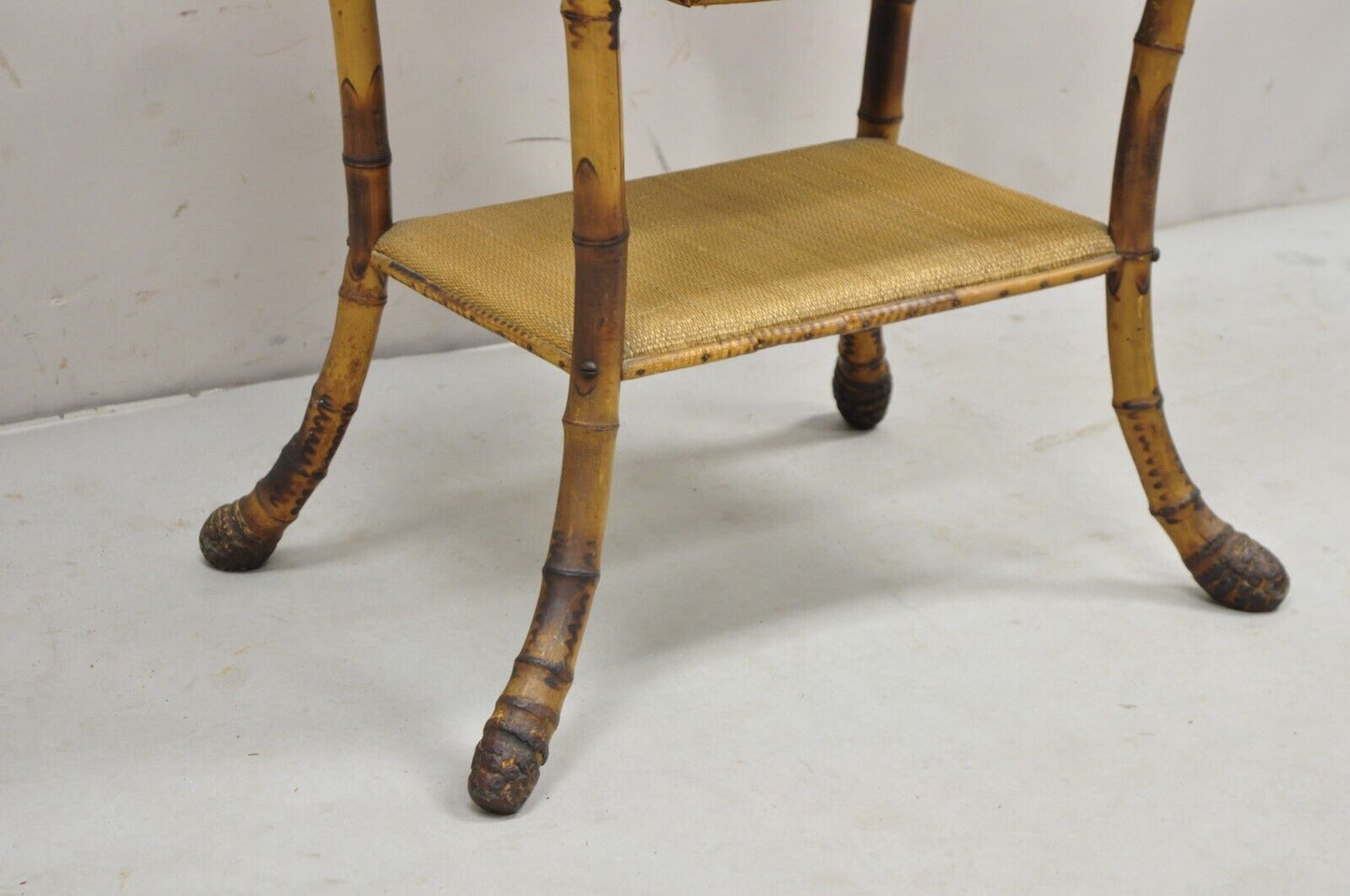 Antique English Victorian Bamboo Rattan Sewing Box Work Stand Side Table