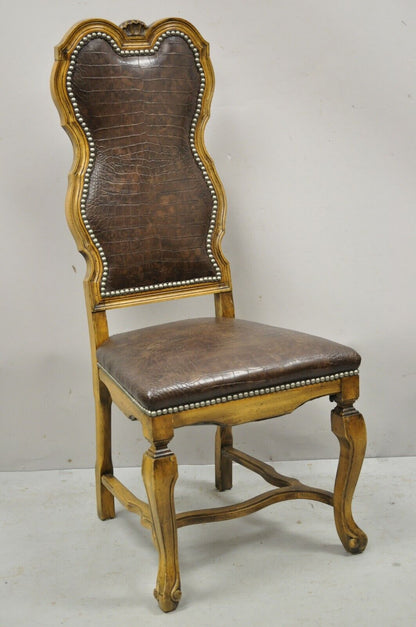 Italian Baroque Rococo Carved Wood Brown Reptile Print Dining Chairs - Set of 4