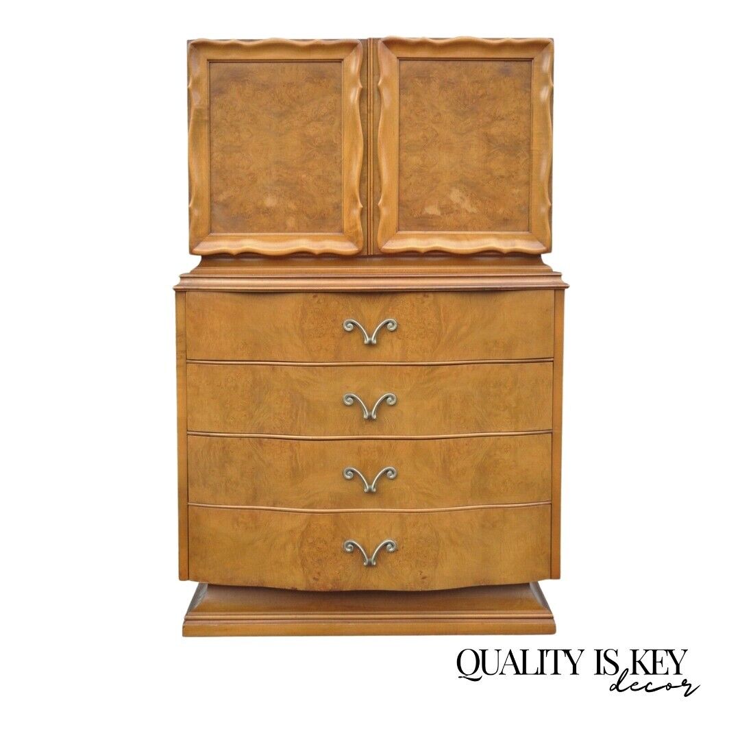 Romweber Hollywood Regency Dorothy Draper Style Burl Walnut Tall Chest Dresser