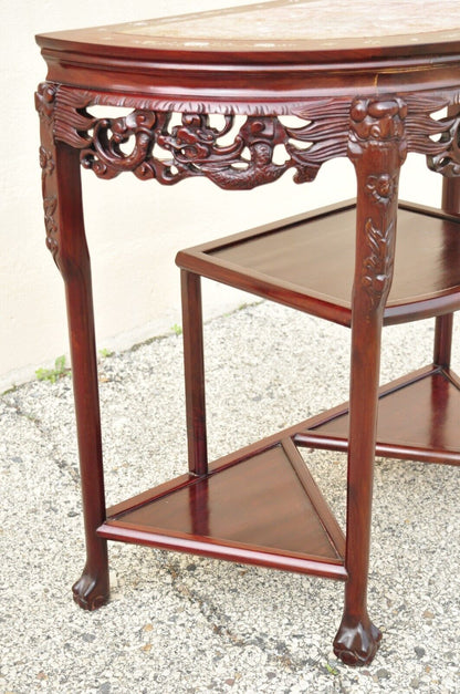 Vintage Oriental Chinese Carved Hardwood Demilune Marble Top Console Table