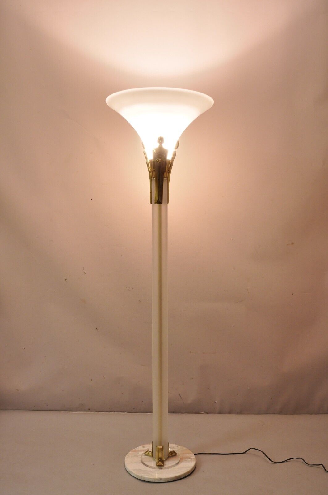 Vintage Art Deco Style Figural Frosted Acrylic and Glass Torchiere Floor Lamp