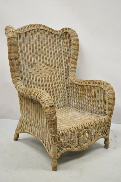 Large Woven Wicker Rattan Victorian Style Wingback Lounge Arm Chair