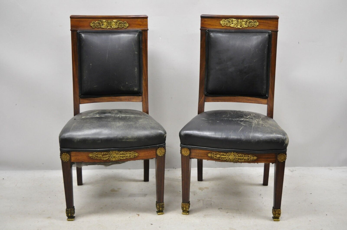 French Empire Solid Mahogany Regency Side Chairs Figural Bronze Ormolu - a Pair