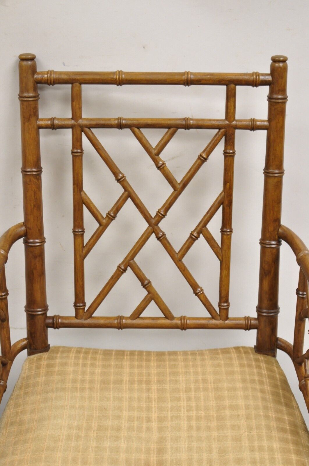 Hollywood Regency Faux Bamboo Fretwork Chinese Chippendale Arm Chairs - Pair