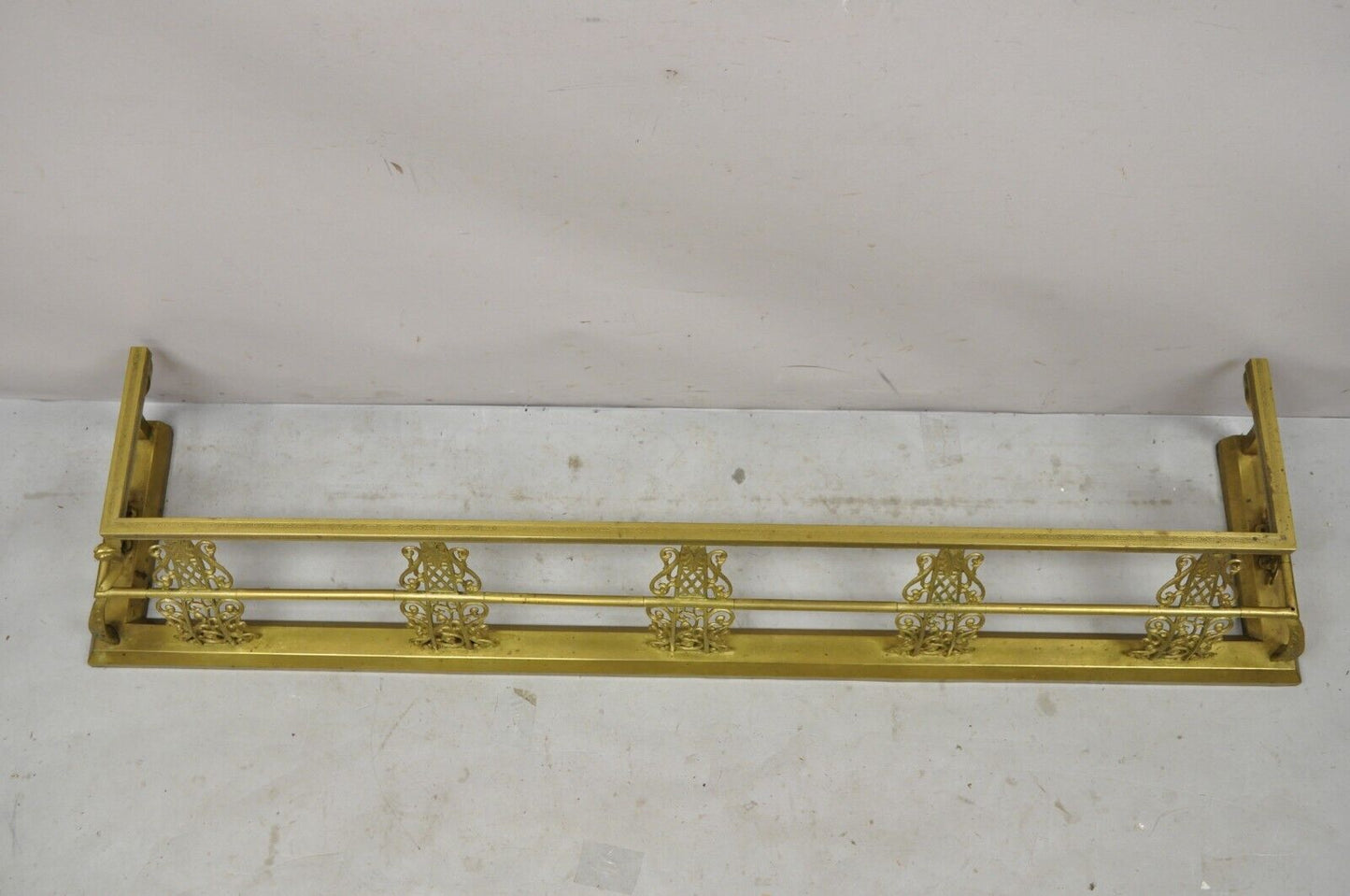 Antique 58" Victorian Brass Scroll Accented Fireplace Hearth Fender Surround