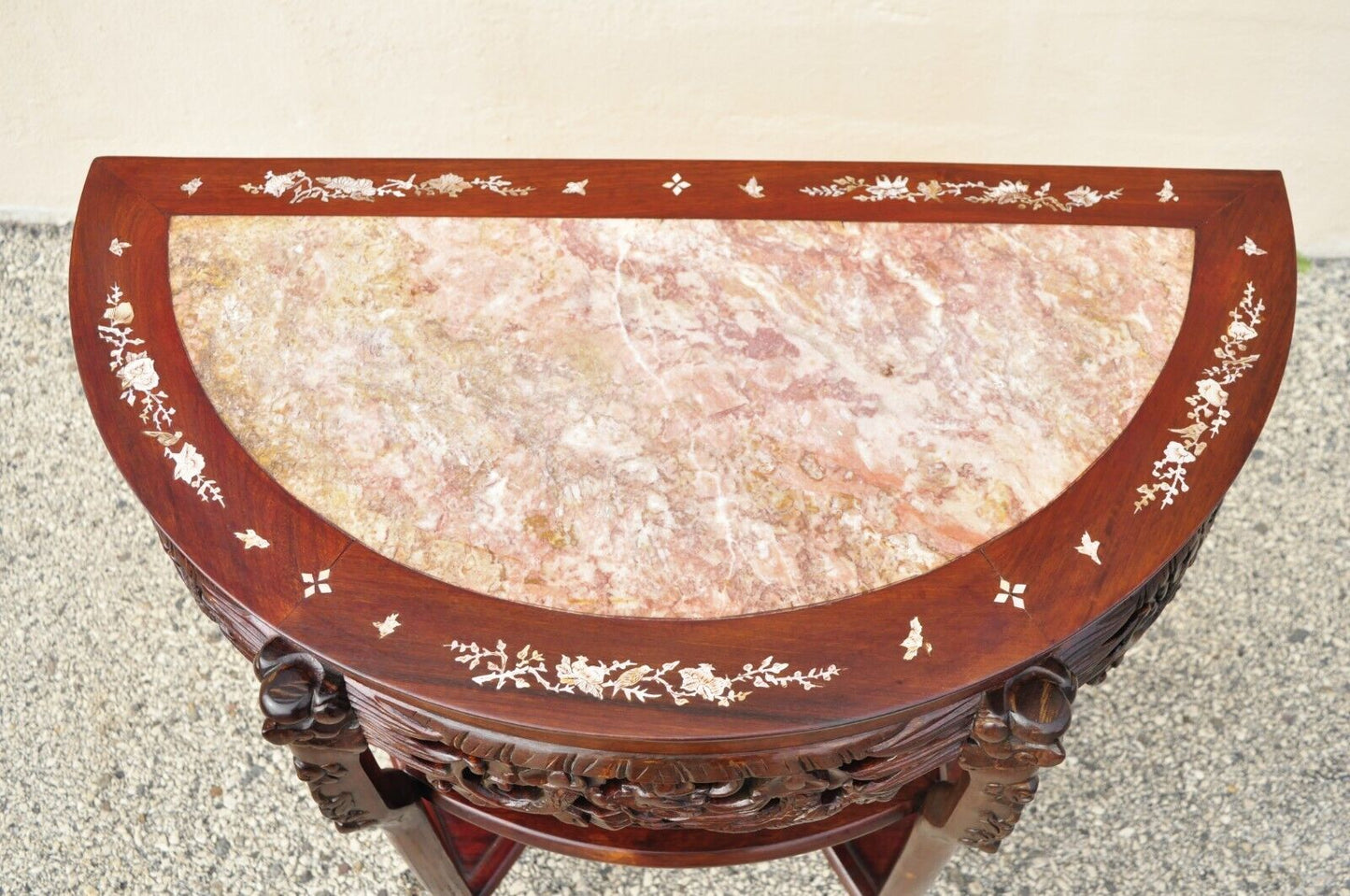 Vintage Oriental Chinese Carved Hardwood Demilune Marble Top Console Table