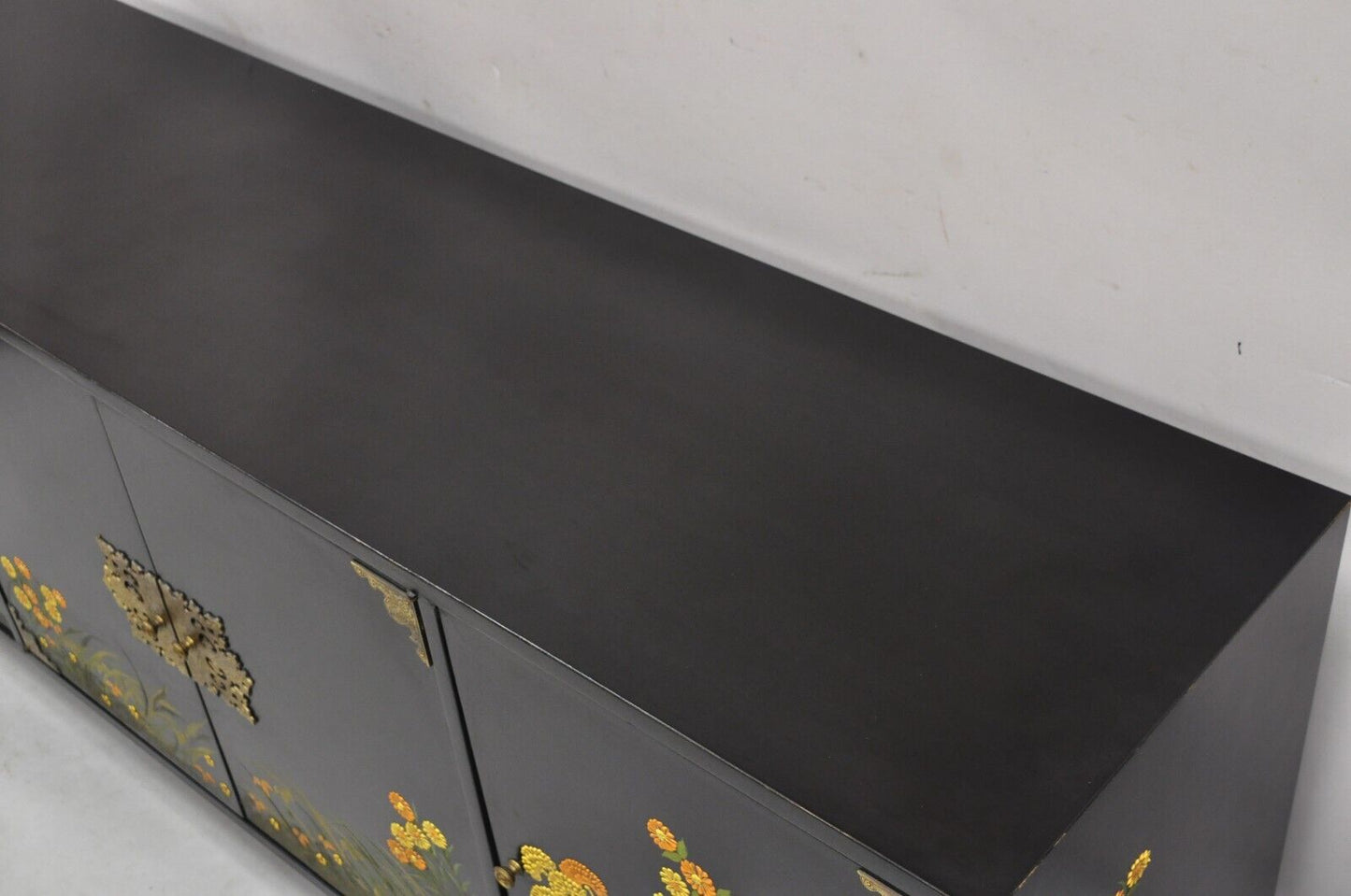 Vintage Chinoiserie Black Lacquer Hand Painted Floral Credenza Cabinet Sideboard