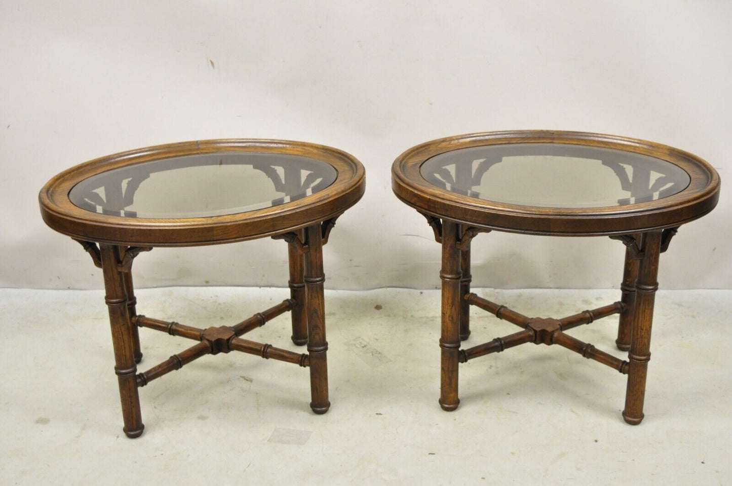 Vtg Faux Bamboo Chinese Chippendale Style Oval Small Glass Top Side Table - Pair