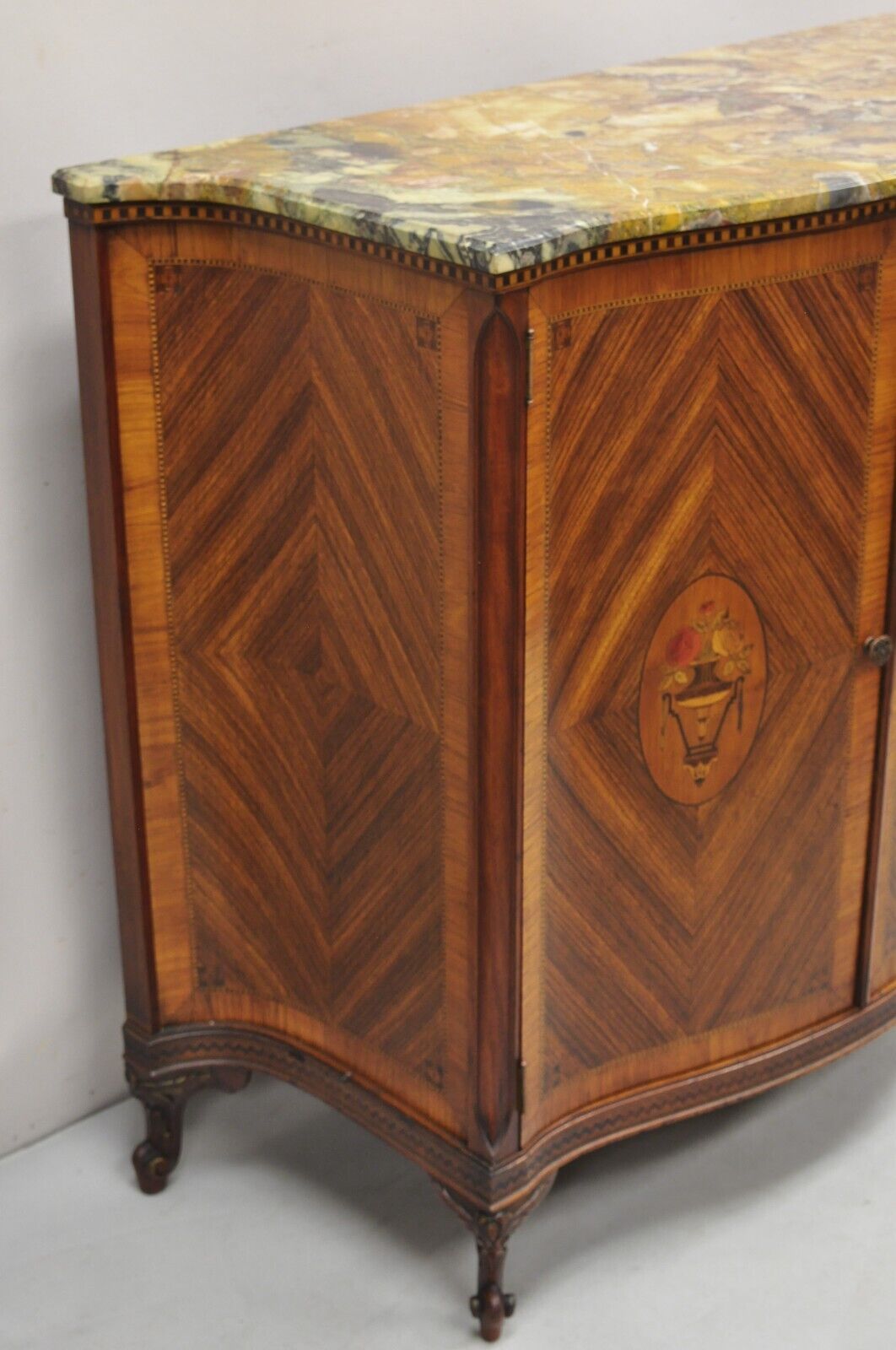 French Louis XV Style Rouge Marble Top Demilune Commode Cabinet with 5 Drawers