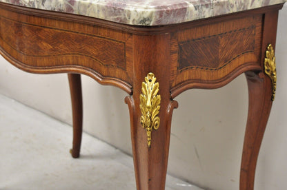 French Louis XV Style Rouge Marble Top Low Console Side Table with Drawer