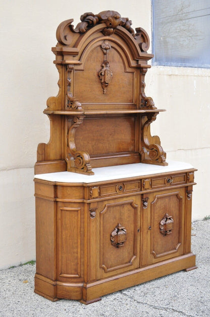 Victorian Carved Walnut Marble Top Custom Sideboard Buffet Cabinet w/ Backsplash