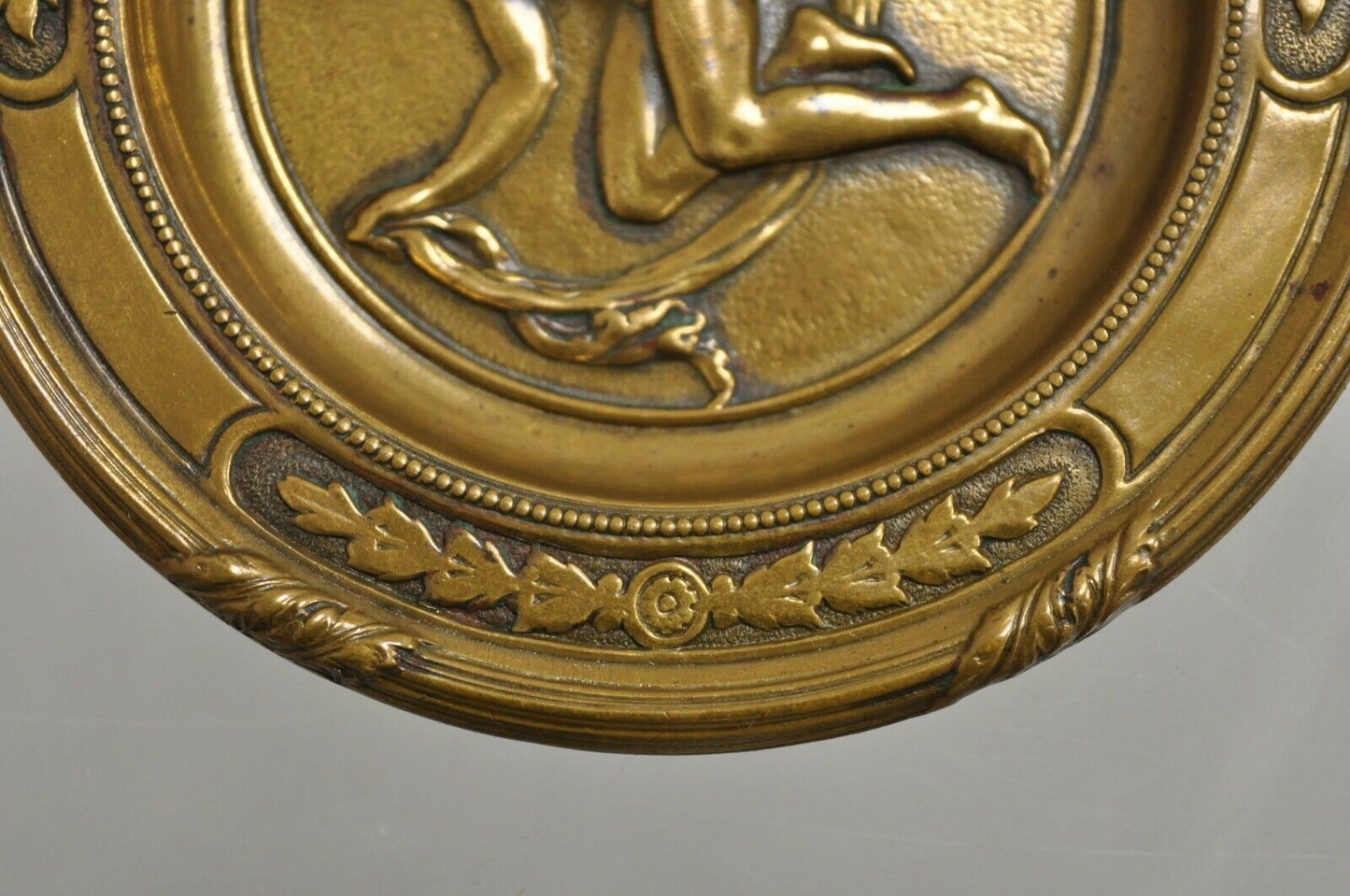 Antique 5" Bronze Neoclassical Art Nouveau Round Dish with Nude Female Maiden