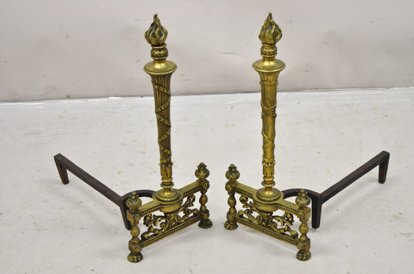 Antique French Empire Style Flame Finial Brass and Cast Iron Andirons - a Pair