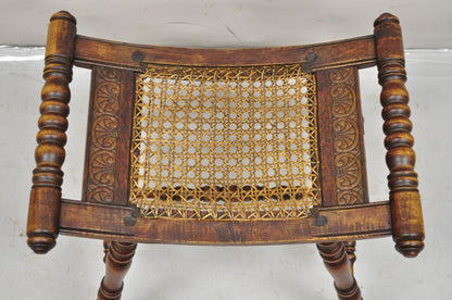Antique English Jacobean Turn Carved Walnut Cane Seat Spindle Stool