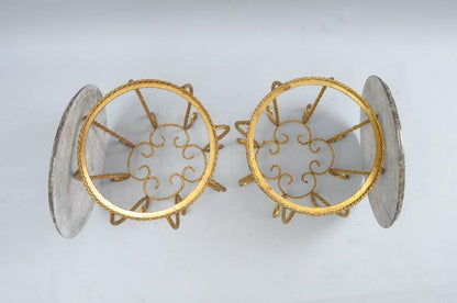 Pair Italian Hollywood Regency Gold Gilt Iron Rope Round Marble Top Low Tables