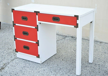 Vintage Modern Campaign Style Red White Formica Hollywood Regency Writing Desk