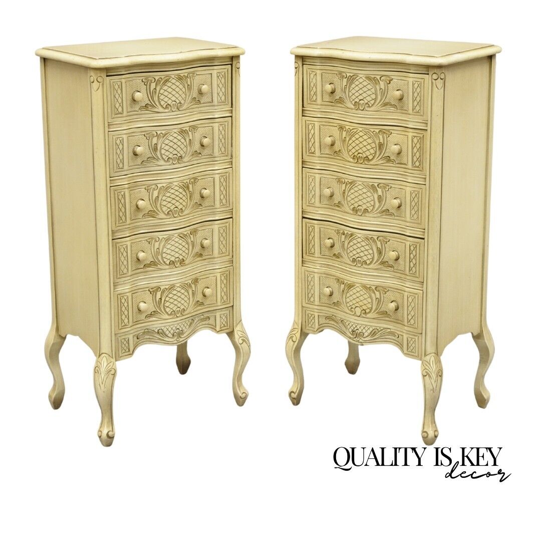 Pair Vtg French Country Provincial Style Cream Painted 5 Drawer Chest Nightstand