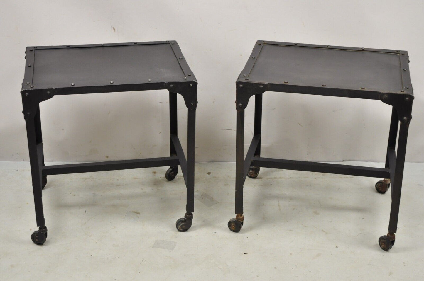 Decorator Industrial Vintage Style Steel Metal Side Tables on Wheels - a Pair