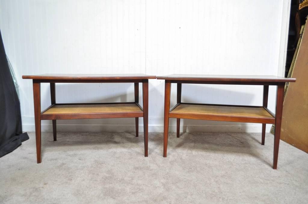 Vtg Pair Mid Century Modern Cane Walnut Laminate Foster McDavid End Side Tables