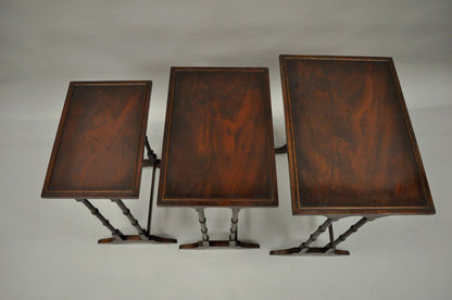 Set of 3 Nesting End Side Tables Mahogany Wood Faux Bamboo Georgian Style vtg
