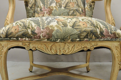 Pair French Provincial Country Louis XV Style Upholstered Wingback Lounge Chairs