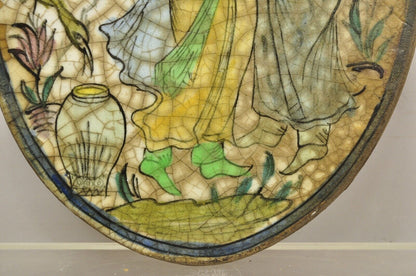 Antique Persian Iznik Qajar Style Ceramic Pottery Oval Tile Couple Embrace C3