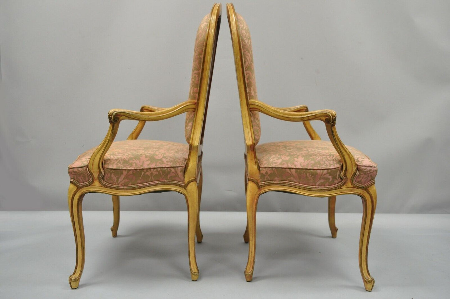 2 Italian Provincial French Hollywood Regency Upholstered Dining Room Arm Chairs