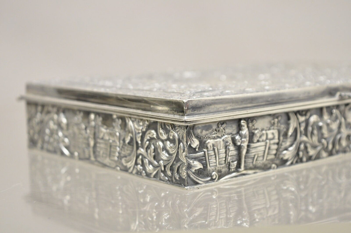 Vintage Dutch Country French Baroque Style Silver Plated Figural Jewelry Box