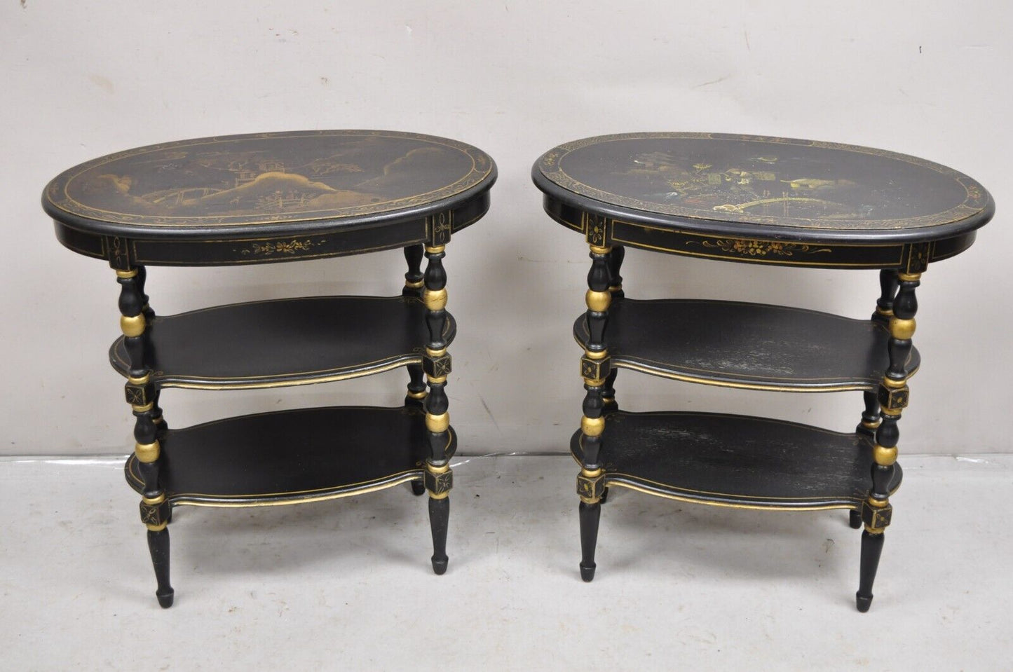 Vintage Chinoiserie Black Painted Oval 3 Tier Side Tables by Yeager - a Pair