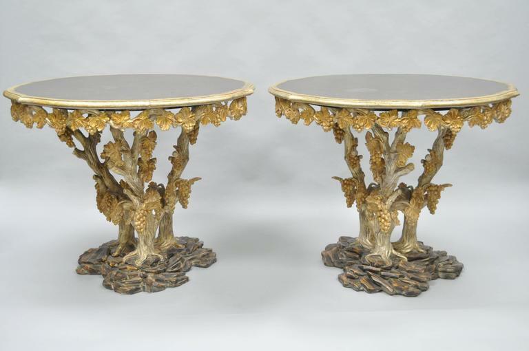 Large Pair of Italian Venetian Carved Wood Faux Bois Branch Grape Center Tables