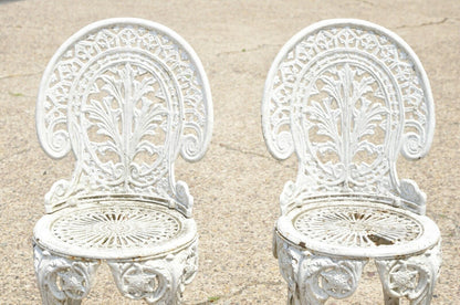 Antique French Victorian Cast Iron Foliate Leaf Pattern White Garden Chair, Pair