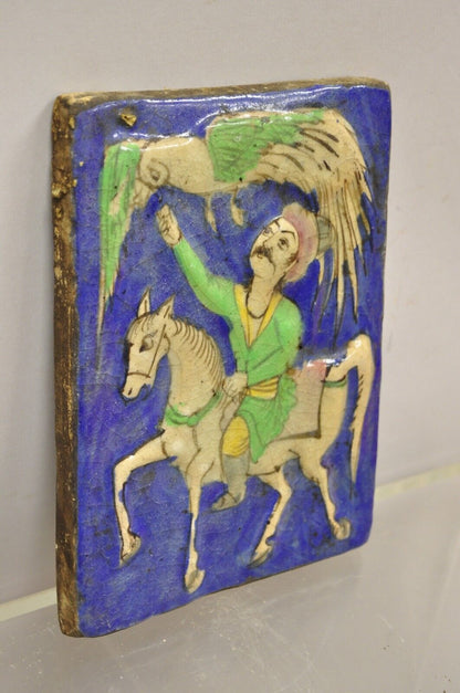 Antique Persian Iznik Qajar Style Blue Ceramic Pottery Tile Rider and Phoenix C4