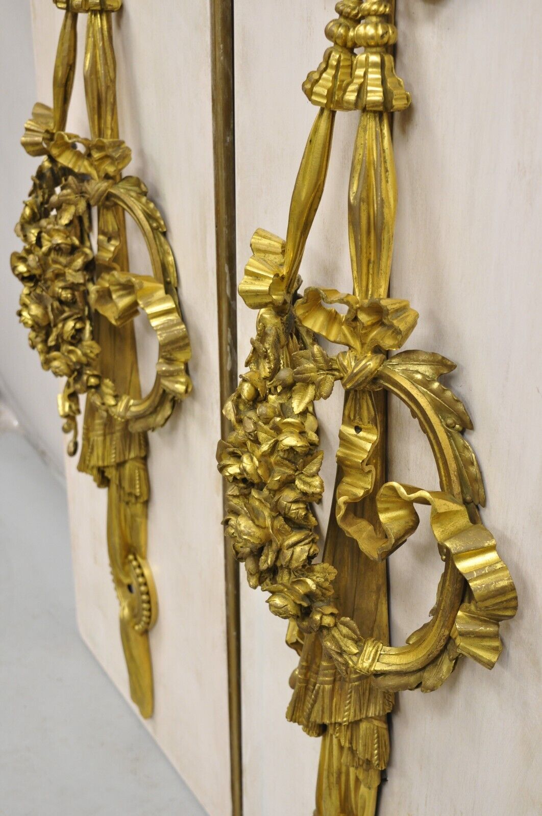 French Louis XV Gold Gilt Bronze Ribbon Drape Large Wall Plaque Sconces - a Pair