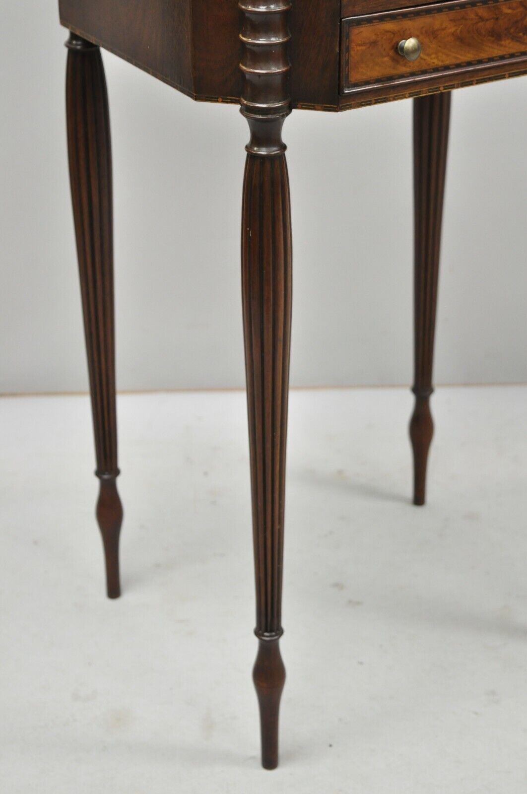 19th C. Antique American Sheraton Tall Tapered Leg Burl Wood Nightstand Table