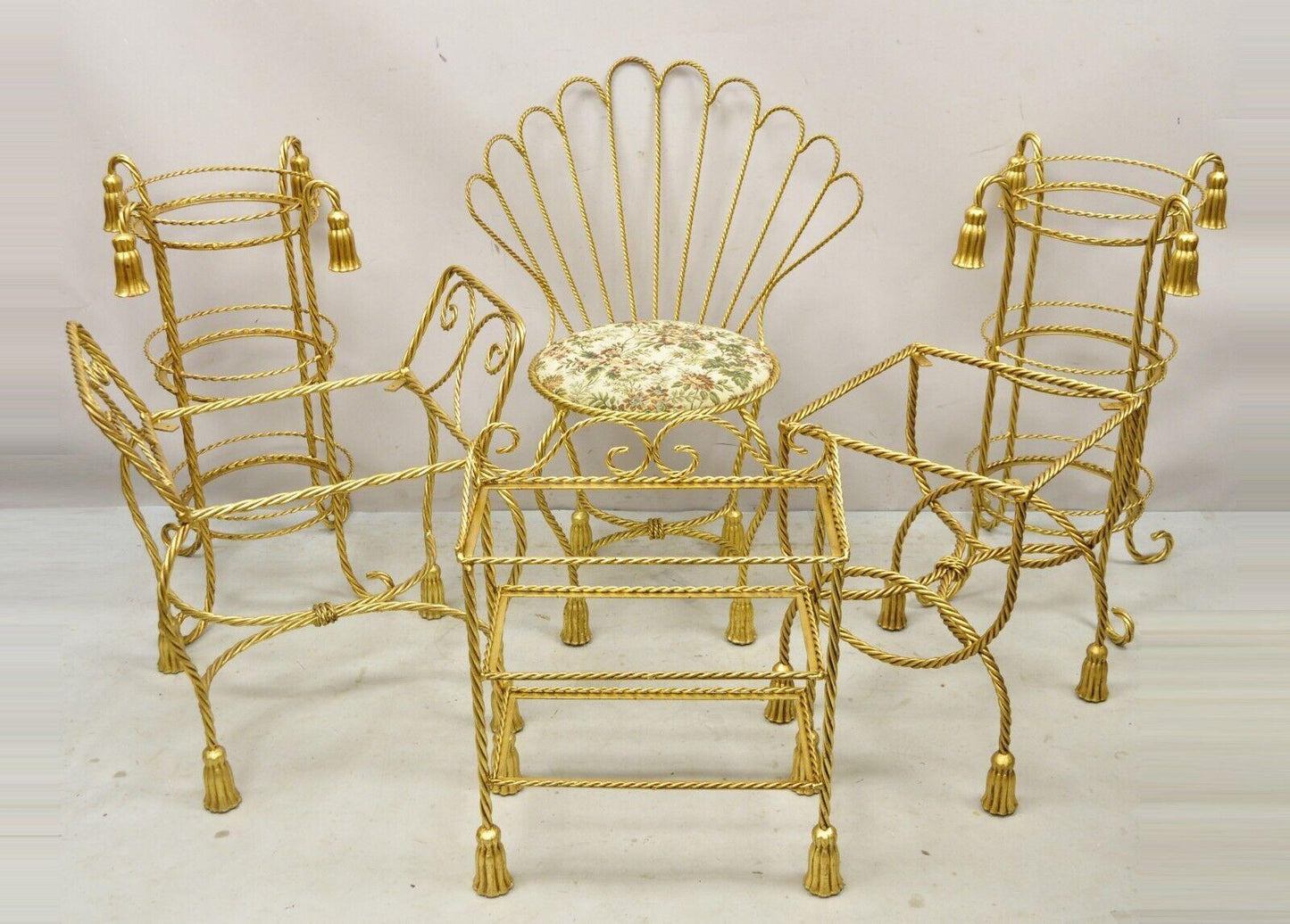 Italian Hollywood Regency 3 Tier Gold Iron Rope Tassel Stand Side Tables - Pair