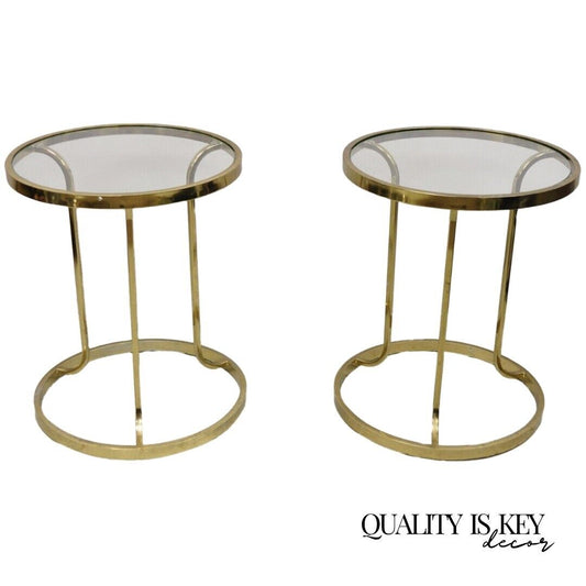 Vintage Mid Century Gold Brass Metal Baughman Style Round Side Tables - a Pair